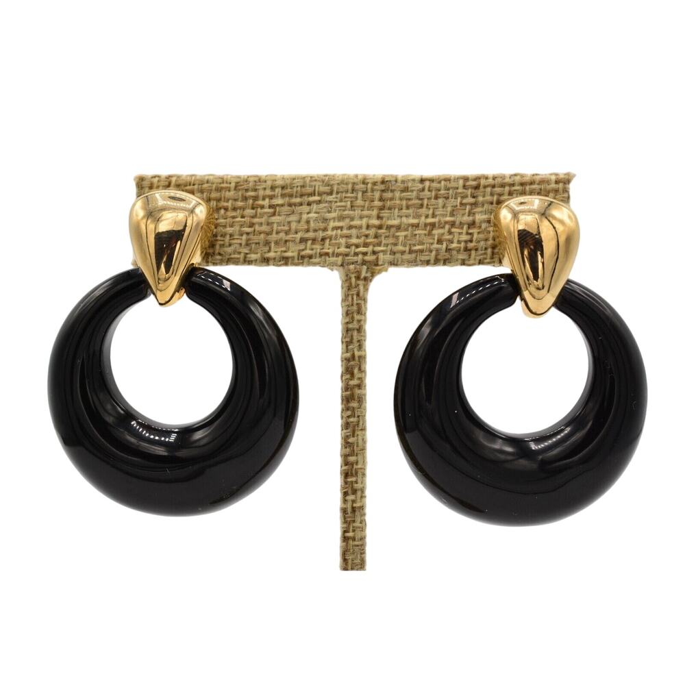 Monet Signed Door Knockers Earrings Black Dangle Gold Tone Vintage 1980s Bin1